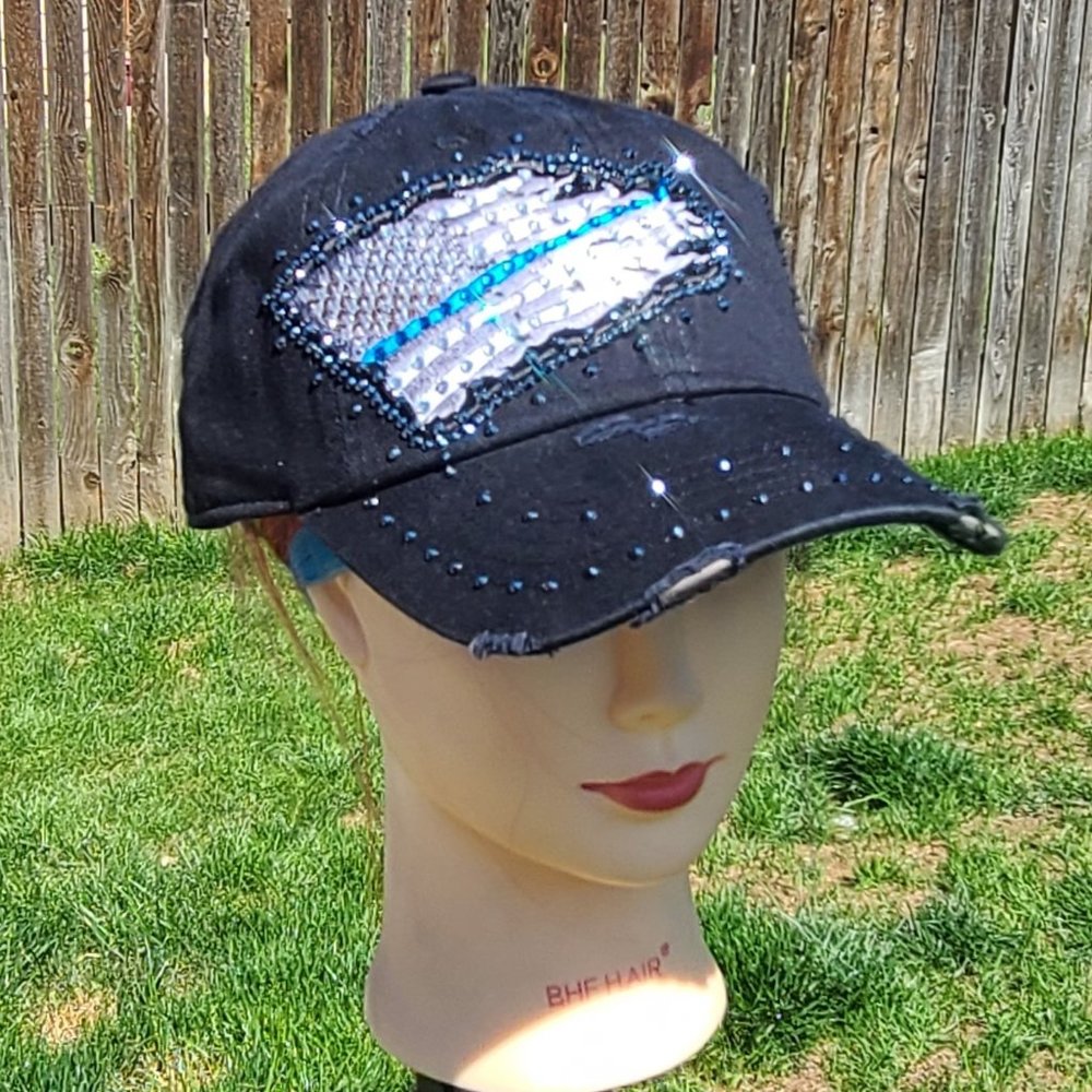 New Ladies Black Blue Line Flag BLING Hat